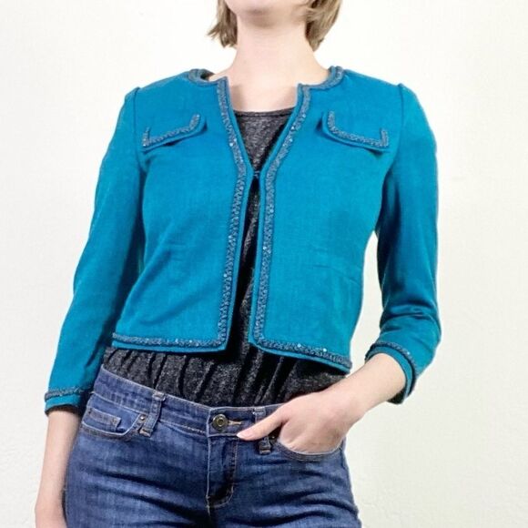 Rebecca Taylor Teal Silk Blend Tweed Chain Accent Blazer Jacket - Picture 9 of 9